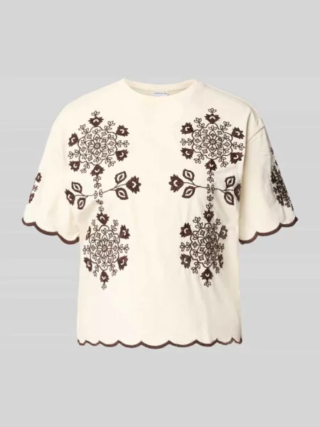 T-shirt z falistym brzegiem i wyhaftowanym motywem Jake*s Casual beżowa