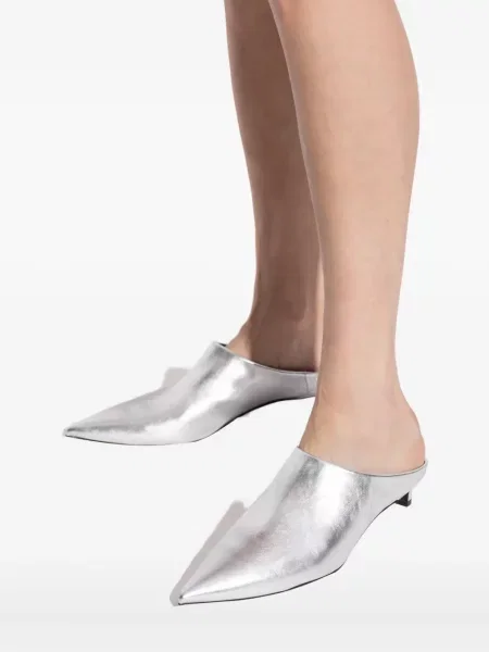 Papuci tip mules Jil Sander din piele argintiu