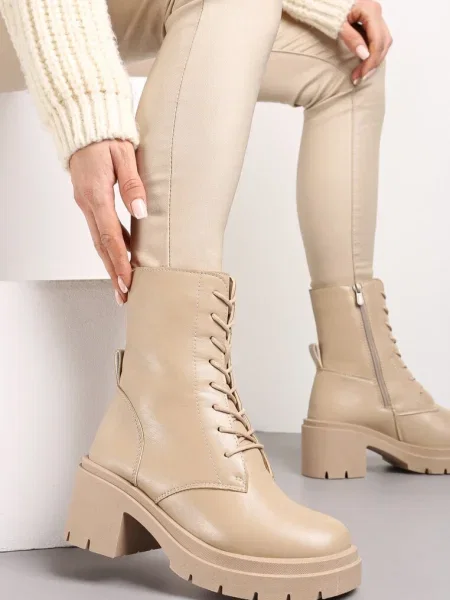 Botine cu șireturi din imitație de piele cu platformă și striații Zaran bej