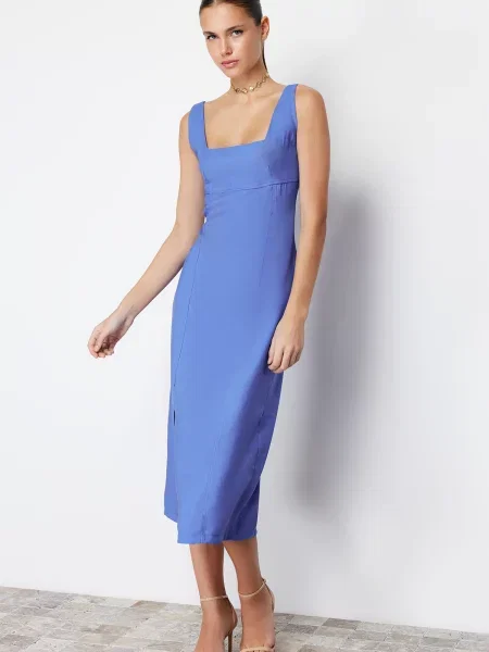 Gulerat rochie midi Trendyol în linie A albastru