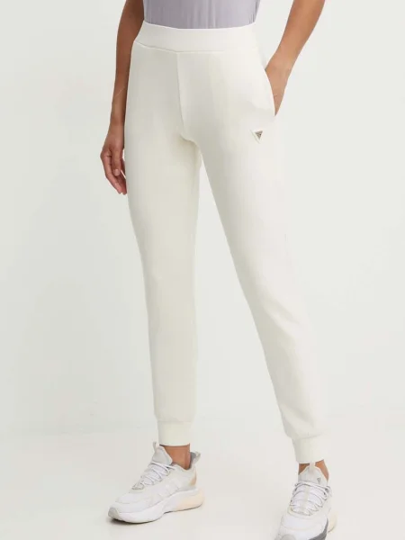 Спортен панталон Guess OLYMPE бежово с изчистен дизайн черно