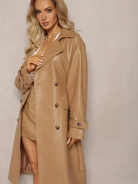 Trenci Dublu Piept Imitatie Piele cu Dyrine bej