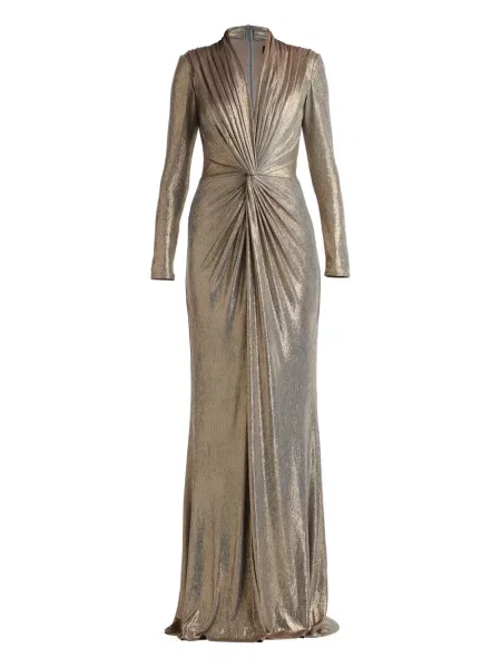 Rochie maxi Tadashi Shoji plisată de costum auriu
