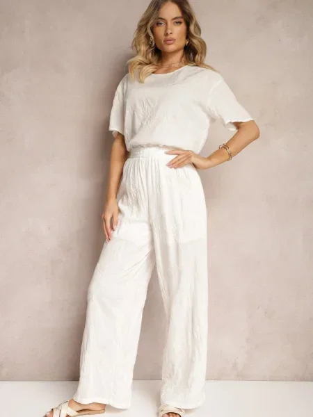 Set cu Flori Brodate Tricou Larg și Pantaloni Drepti Namselin alb