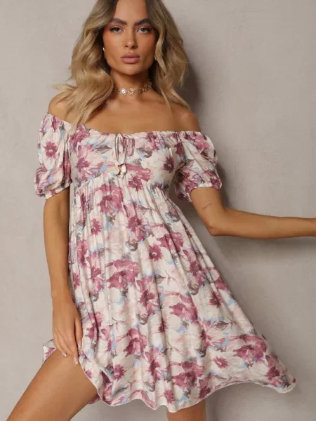 Roșu-Bej Rochie cu Decolteu Legat și Mâneci Bufante cu în Spate cu Model Floral Vikolla bej
