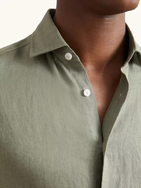 Reiss Košile S Krátkým Rukávem Holiday Slim Fit Z Lnu olivová