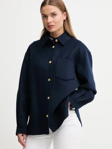 Tommy Hilfiger kurtka z dodatkiem wełny przejściowa oversize granatowy