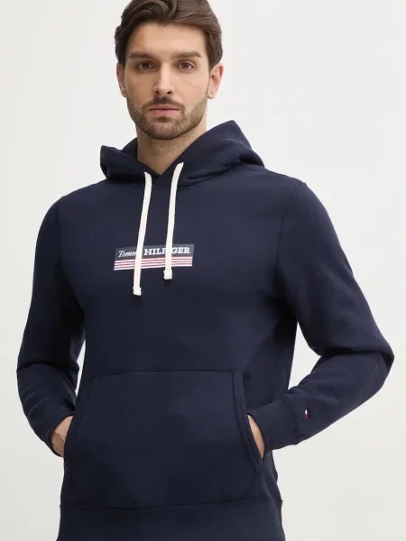 Dukserica Tommy Hilfiger za muškarce tamno s kapuljačom s tiskom plava