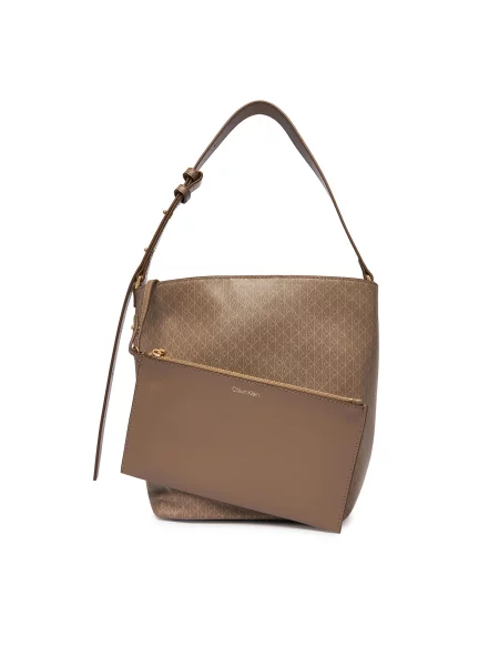 Ročna torba Calvin Klein Emblem Aop Medium Bucket bež
