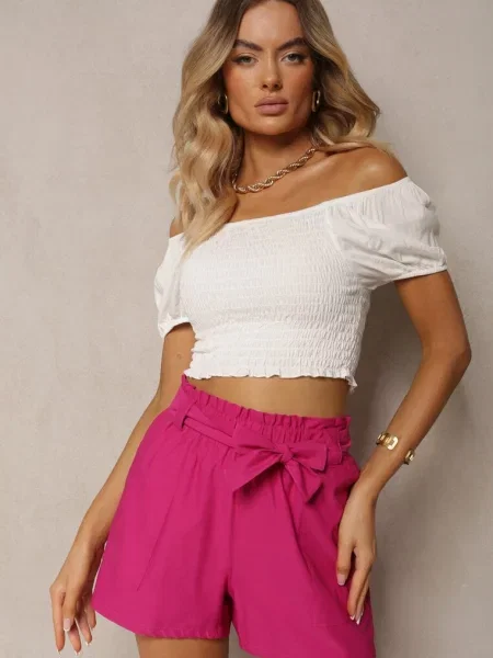Fuksjowe Szorty Bermudy High Waist z Dodatkiem Bawełny Wiązane w Pasie Quisevia różowe