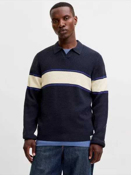 JACK & JONES Pulover JORFREDERIKSBERG albastru / bleumarin alb