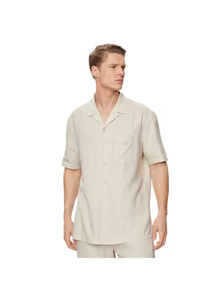 Lniana koszula z krótkim rękawem Emporio Armani beżowa