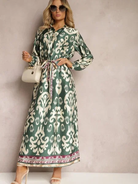 Rochie satinată cu în talie și imprimeu ornamental Tarosa verde