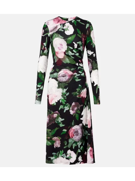Rochie midi Erdem cu model floral drapată până la genunchi negru