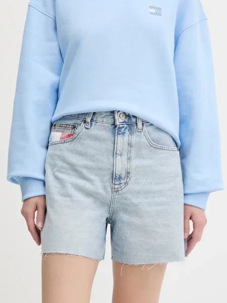 Tommy Jeans pantaloni scurți jeans uni high waist albastru