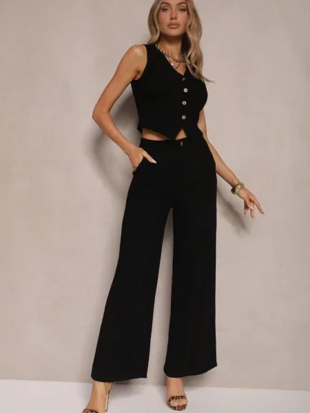 Garniturowy Komplet z Lnu i Kamizelka i Szerokie Spodnie Evialora czarny