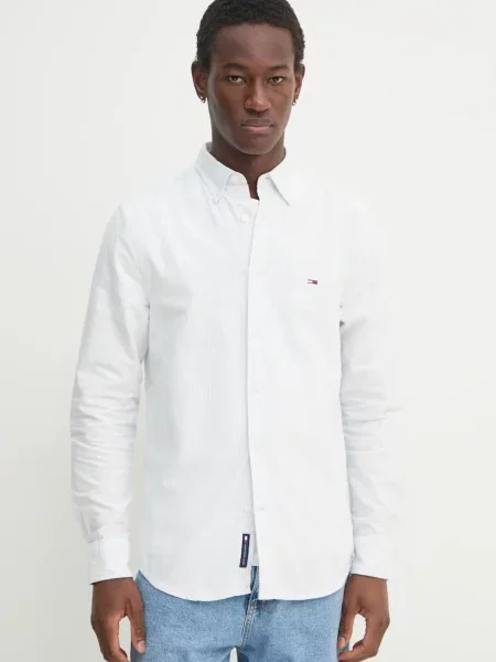 Риза Tommy Jeans мъжка с кройка по тялото с яка с копче синьо