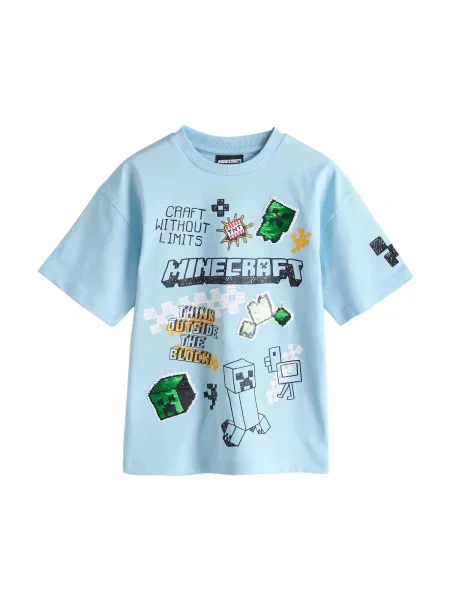 Next Tricou Minecraft azuriu / verde iarbă / negru alb