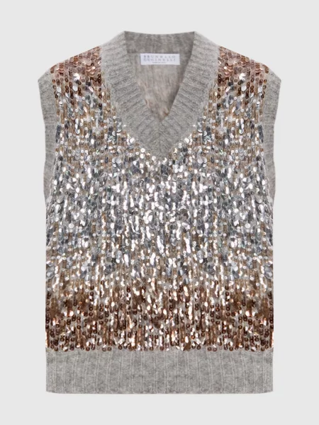 Жилет з вовною з паєтками Brunello Cucinelli сірий