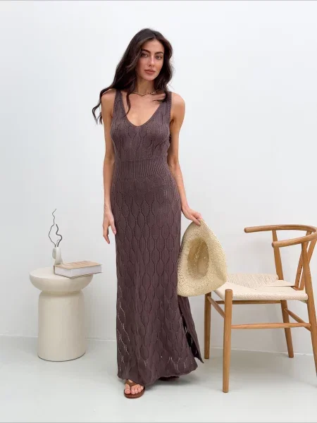 Трикотажное макси платье Art Knit коричневое