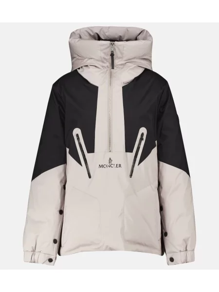 Geacă cu puf Moncler cu glugă de jumătate de fermoar negru