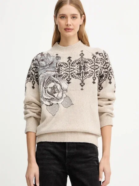 Вълнен пуловер Blugirl Blumarine от топла материя с ниско поло бежово