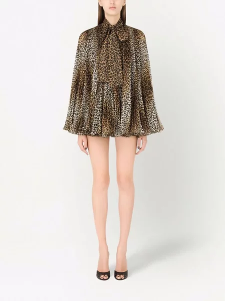 Sukienka mini Dolce And Gabbana z nadrukiem w panterkę plisowana brązowa