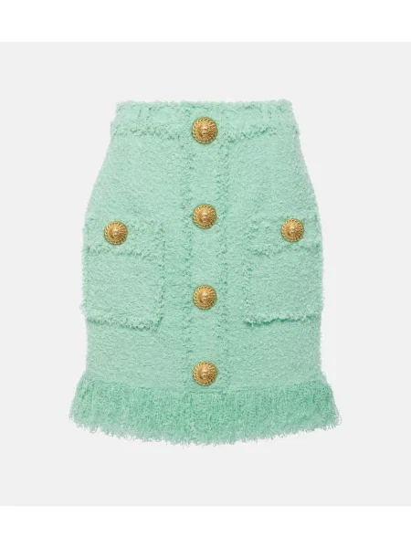 Fustă Balmain cu franjuri din tweed verde