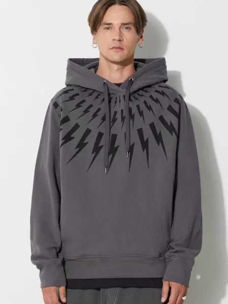 Bombažen pulover Neil Barrett FAIRISLE THUNDERBOLT s kapuco siva