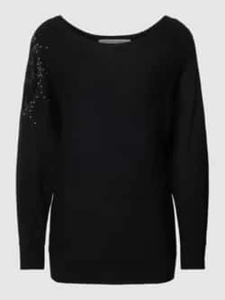 Sweter z dzianiny z obszyciem ozdobnymi kamieniami model ‘LESLIE’ Guess czarny