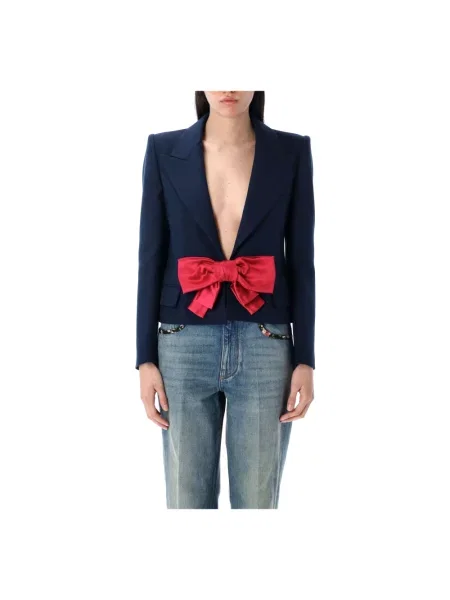 Lniana marynarka Valentino Garavani z kokardką o krotszym kroju niebieska