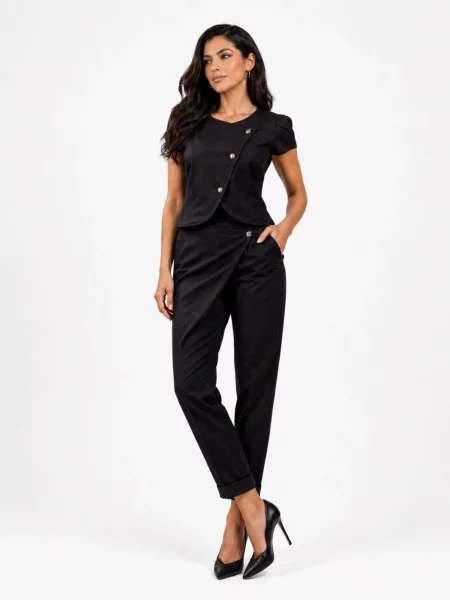 BIBI SAKALIEVA Hlače Black Asymmetrical Wrap-Front Trousers' crna