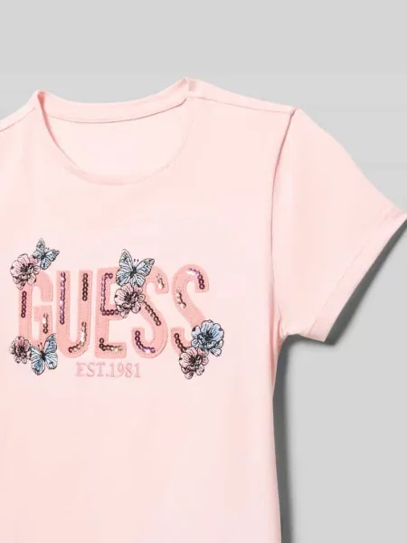 T-shirt z naszywanym logo i cekinami Guess różowa
