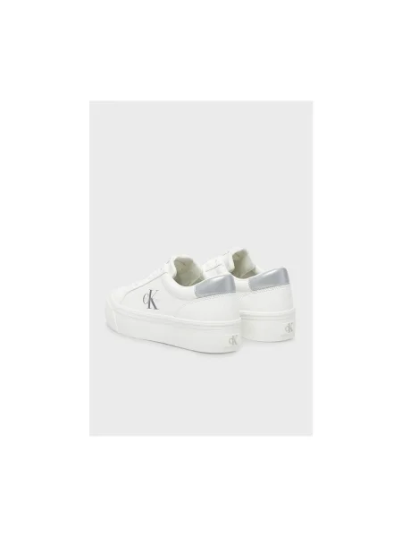 Calvin Klein Sneakersy Vulc Flatf Lth Silver Logo Tag biela