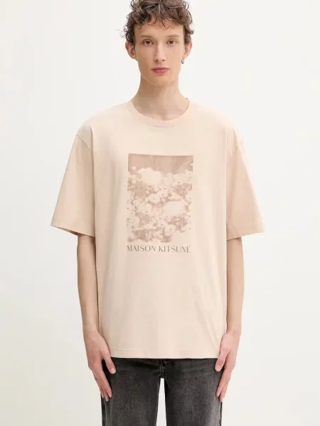 Maison Kitsuné tricou din Daisy Field Oversize cu imprimeu bej