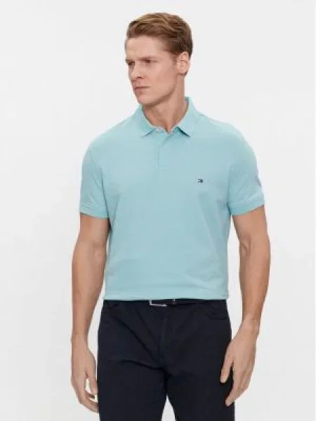 Тениска с яка Tommy Hilfiger мъжка тюркоазено с десен синьо