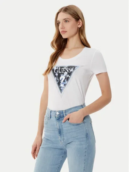 Guess Koszulki Kobieta XS T-shirt z trójkątnym kwiatem biały