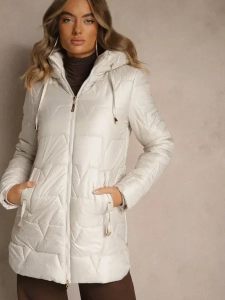 Jasnoszara Przejściowa Kurtka z Pikowanymi Przeszyciami Kapturem i Suwakami Taranessa szara