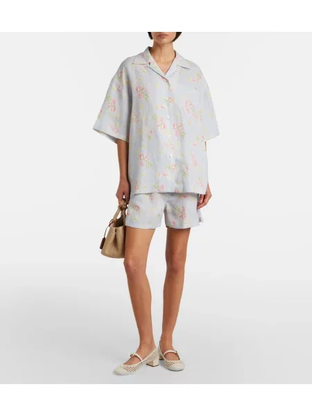 Pantaloni scurți Prada de in cu model floral albastru
