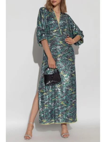 Kostiumas midi suknelė Dvf Diane Von Furstenberg su blizgučiais iki kelių žalia