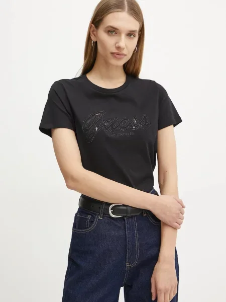 T-shirt z z obszyciem kamieniami stras Guess czarna