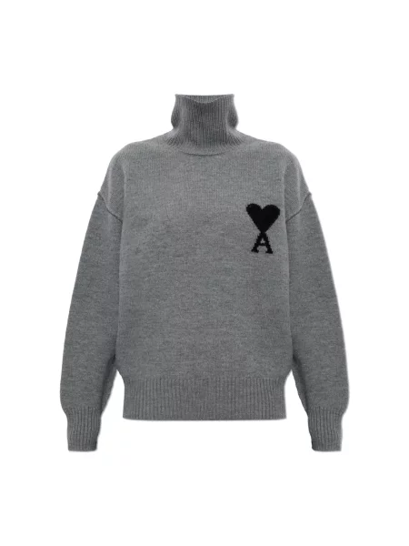Sweter z golfem Ami Paris wełniany z logo do golfa szary