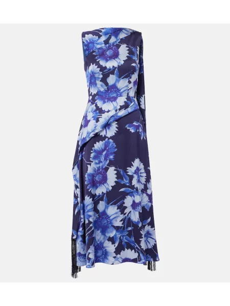 Koktejl obleka Erdem s cvetličnim vzorcem z draperijo vijolična