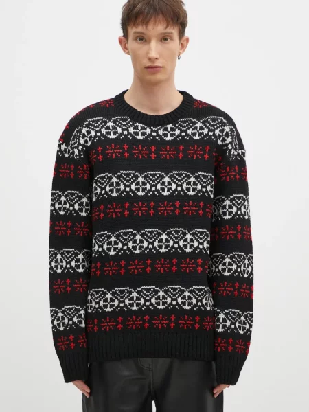Needles pulover de lână Crew Neck Sweater bărbați călduros negru