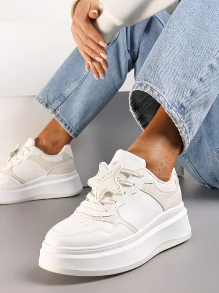 Sneakers Albi-Bej pe Platformă cu Steluță Detașabilă Ekaria alb