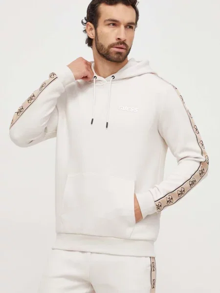 Суичър с качулка Guess с качулка с принт бежово