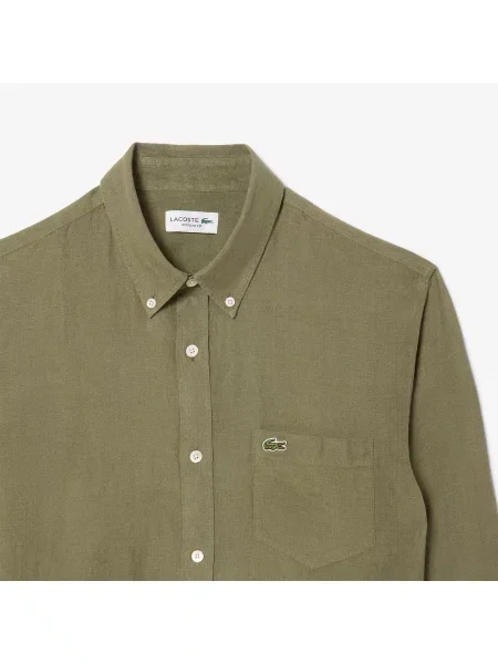 Lacoste Lniana Koszula Button-Down Regular Fit Khaki zielony