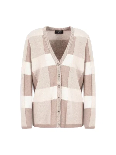 Kardigan Emporio Armani wełniany w kratkę z dekoltem w serek beżowy