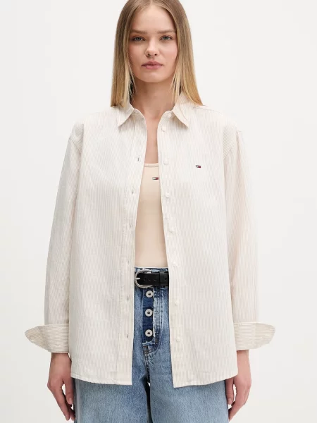 Tommy Jeans košile se lnem béžová