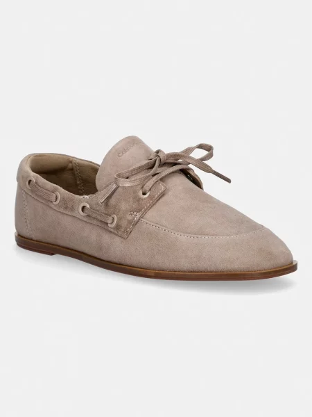 Calvin Klein μοκασίνια γυναικεία σουέτ ESS BOATSHOE SUEDE μπεζ